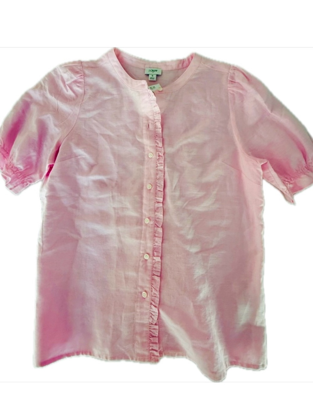 J. Crew Light Pink linen Ruffle-Front Button Cardigan size small